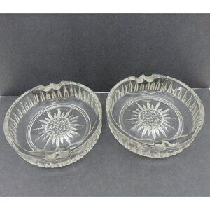 RAVENHEAD ASHTRAY Round Clear Glass Set Of 2 With Starburst Design 1970s Vintage